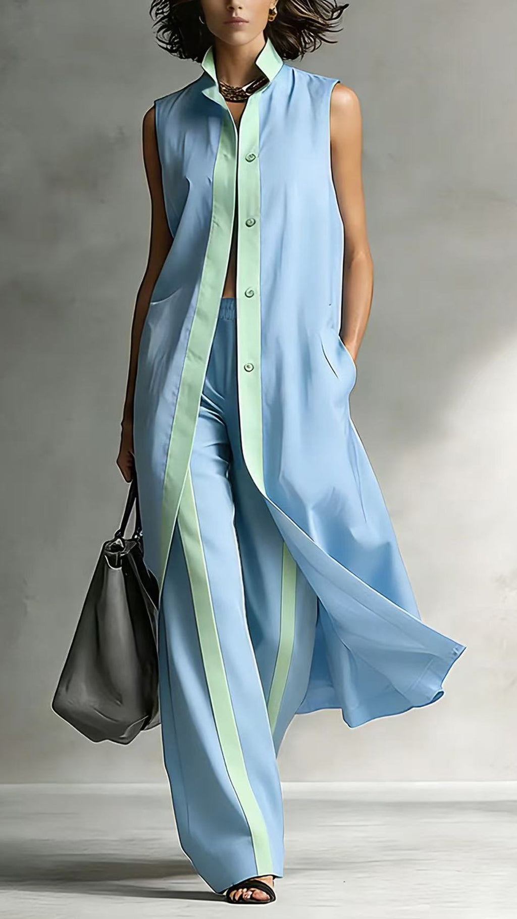 Women’s Color-Blocked Sleeveless Long Shirt & Wide-Leg Pants Set
