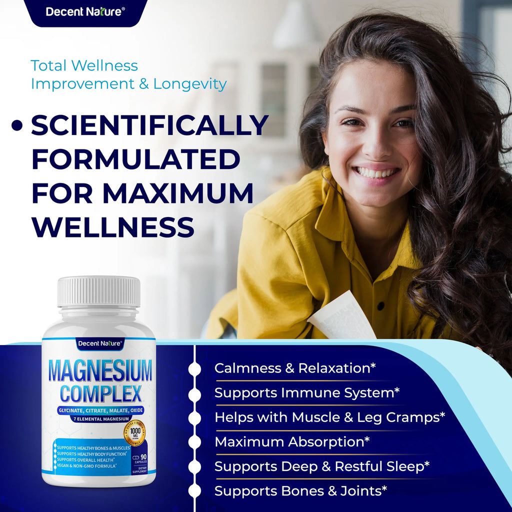 Magnesium Complex 1000mg | 7 Elemental Magnesium | 90 Capsules | Bone Health | Made in USA