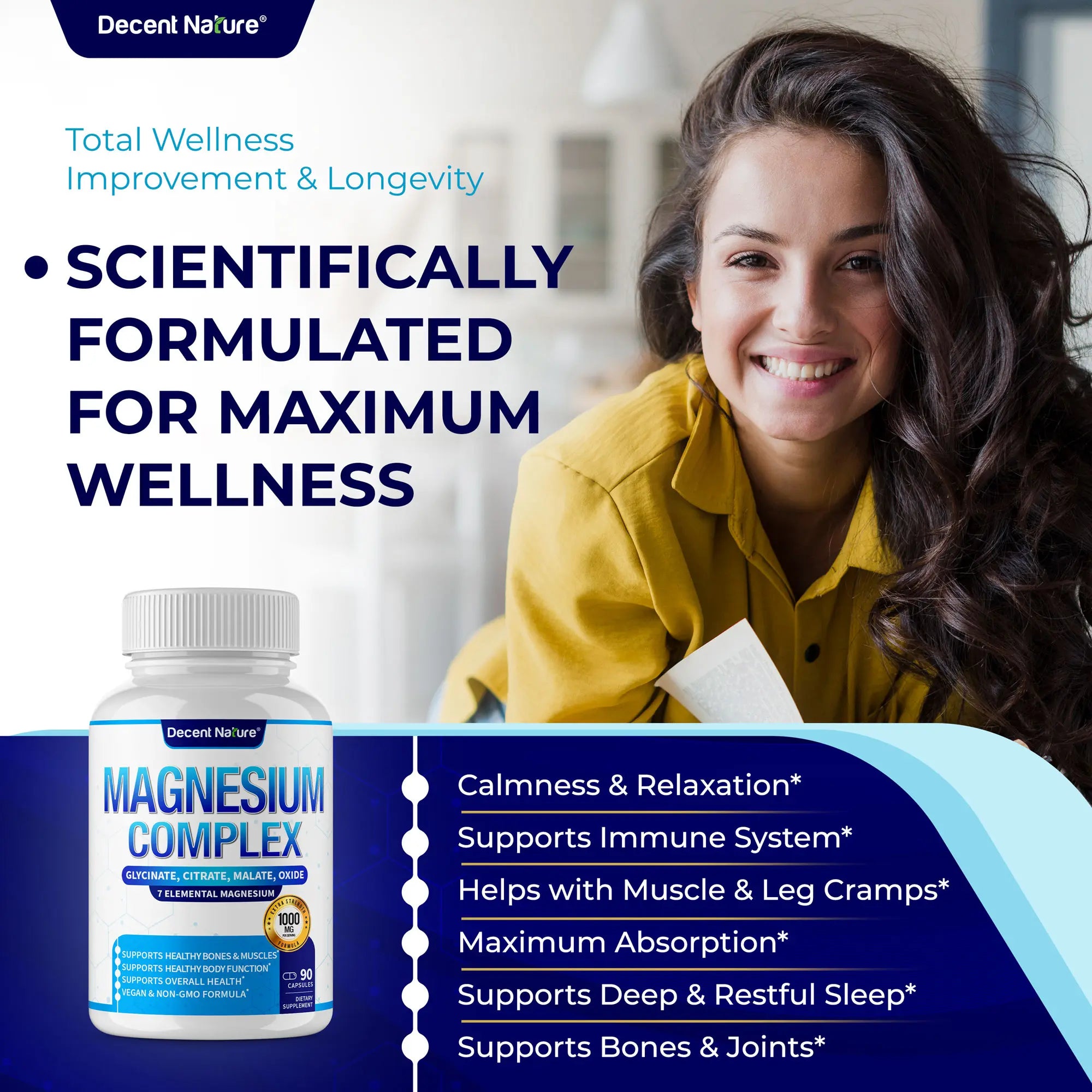 Magnesium Complex 1000mg | 7 Elemental Magnesium | 90 Capsules | Bone Health | Made in USA