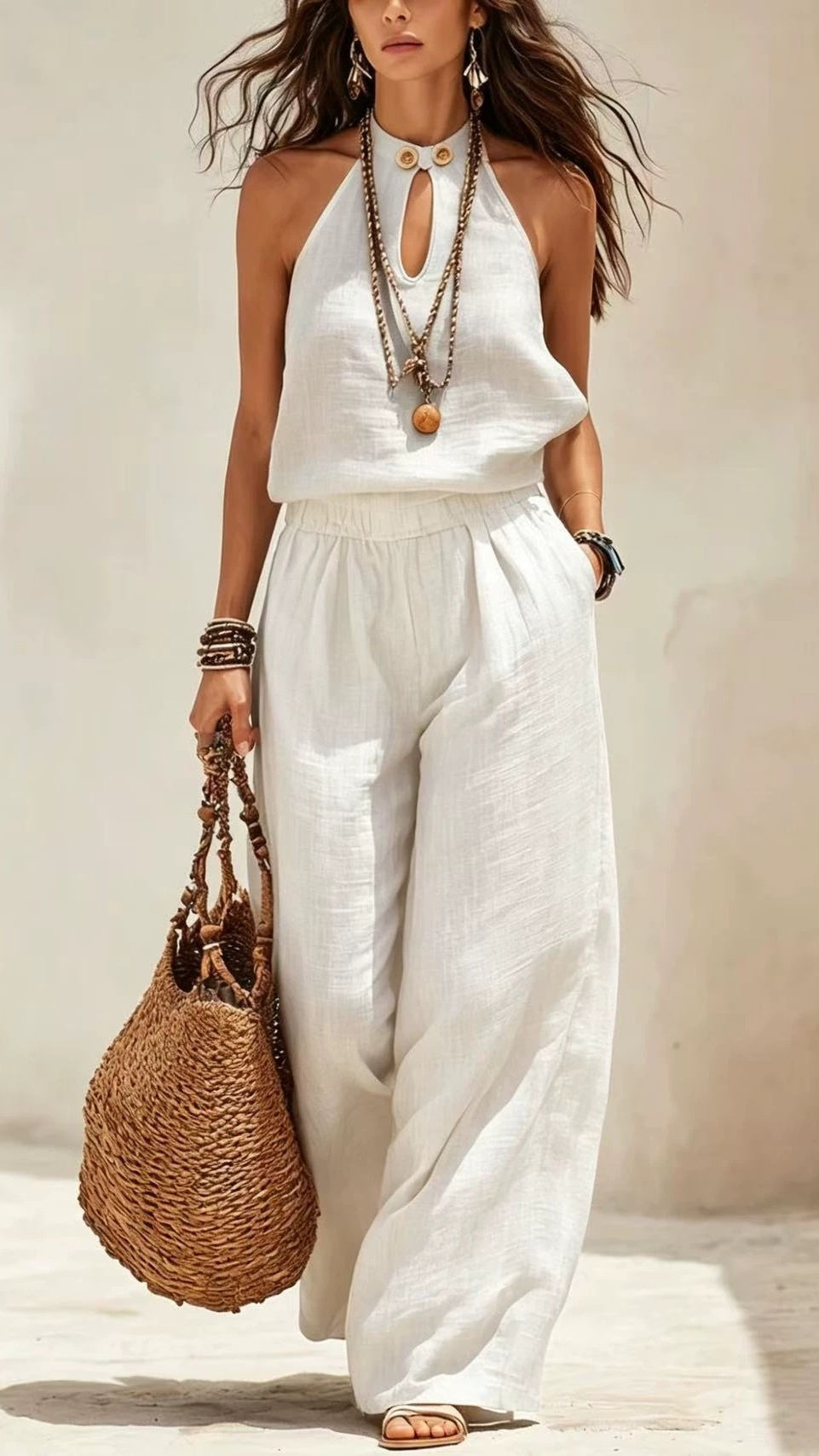 Women’s Stylish Cotton-Linen Sleeveless Halter Jumpsuit