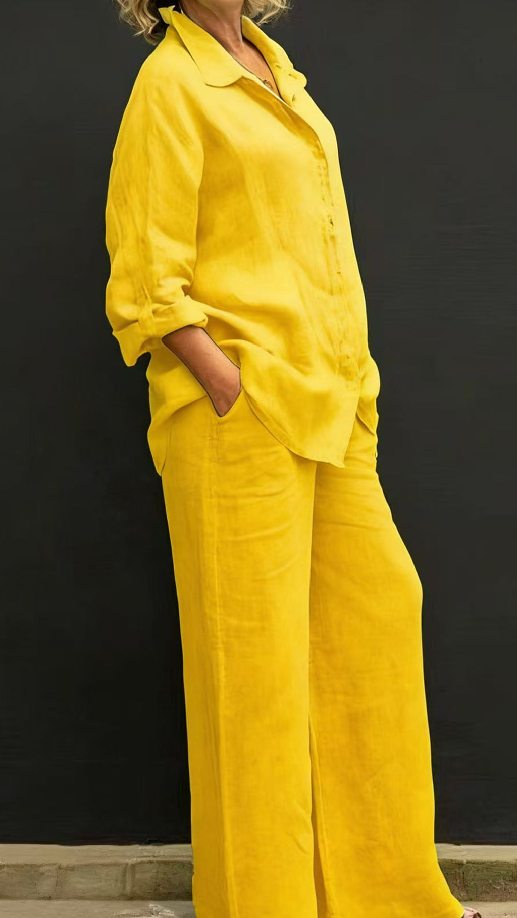 Women’s Linen Lapel Shirt & Wide-Leg Pants Two-Piece Set