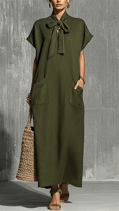 Women’s Solid-color V-neck Short-sleeve Casual Loose Cotton-linen Dress