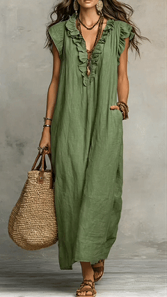 Women’s Solid Color Ruffled Art Casual Fashion Cozy Cotton Linen Dress