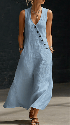 “Effortless Chic” Style V-Neck Button-Front Cotton-Linen Maxi Dress — Sleeveless Tank Dress