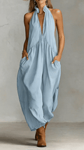 Minimalist Halter Maxi Dress — Casual, Loose-Fit Dress with Pockets
