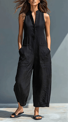 Women’s Minimalist Linen Blend Button-up Stand-collar Sleeveless Loose Jumpsuit
