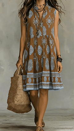 [Buy 2 Free Shipping]Bohemian-Style Printed Sleeveless Maxi Dress with Shirt Collar