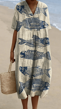 Women’s Vintage Lovely Fish Art Print Flowy Dress