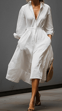 White Shirt-Collar Dress with Elastic Waist