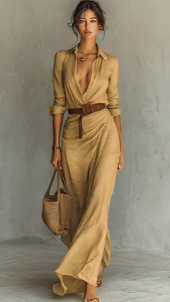 Women’s Long-Sleeve Lapel Button-Front Belted Maxi Dress