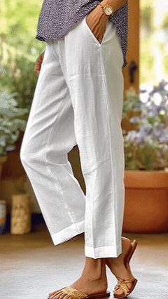 Women’s Cotton-linen Solid Color Elastic Waist Pockets Straight Leg Loose-fit Casual Trousers