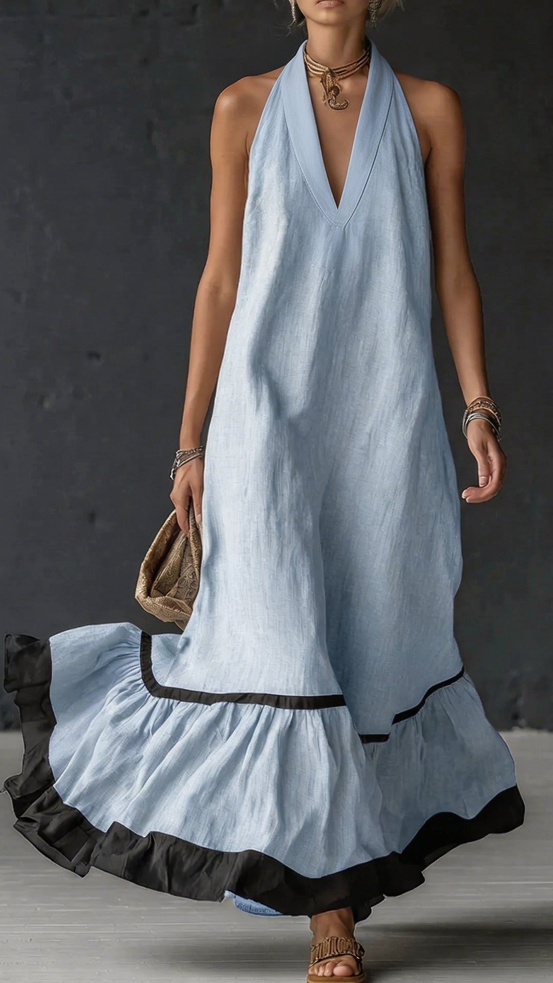 Elegant & Romantic Color-Block Halter Maxi Dress ✨ Plus-Size Friendly