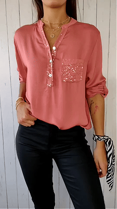 Solid color V-neck pocket women’s top shirt in multiple colors