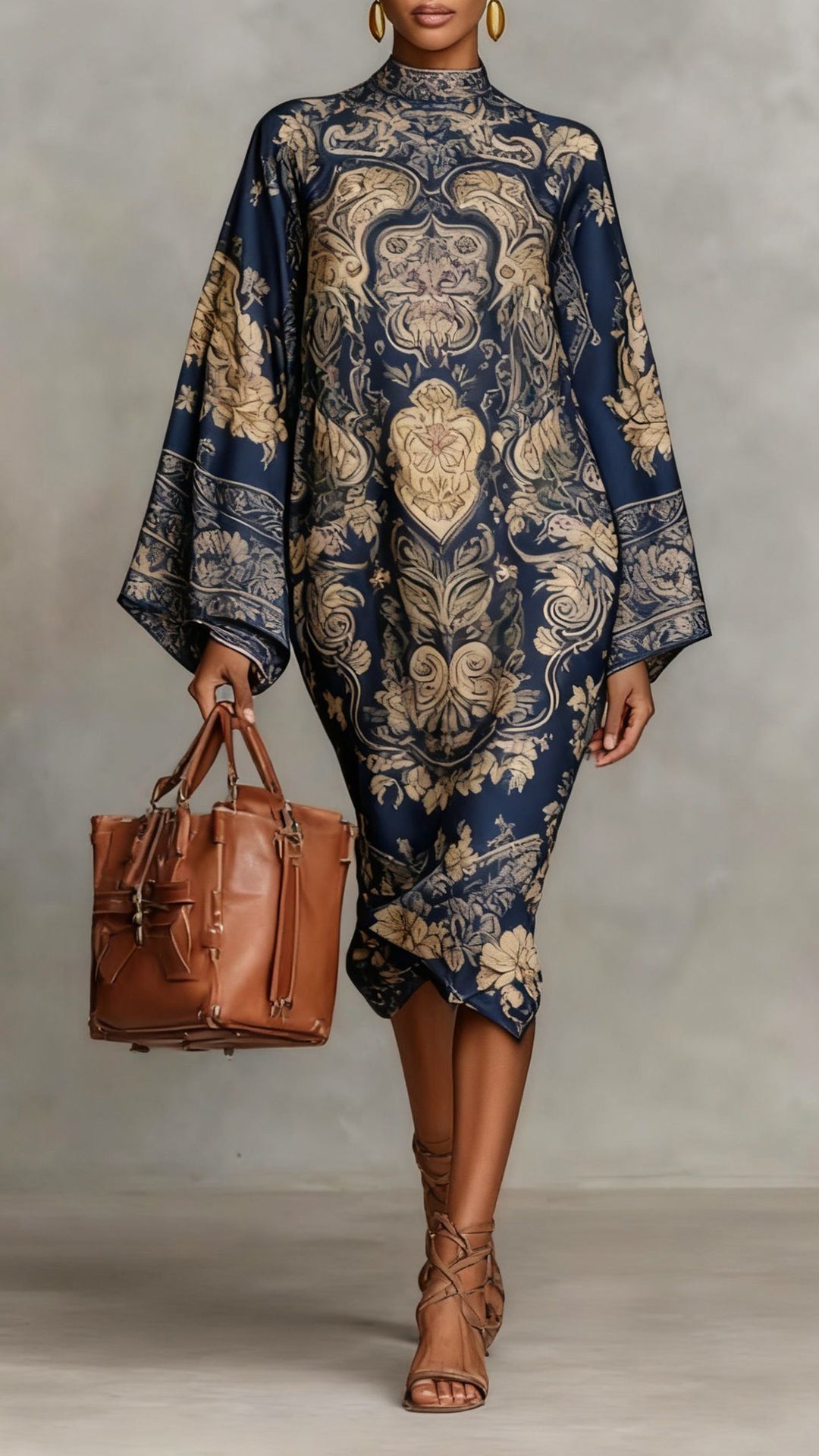 Women’s Retro Stand Collar Wide Sleeve Printed Midi Dress
