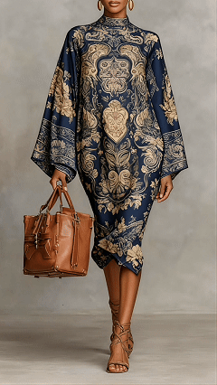 Women’s Retro Stand Collar Wide Sleeve Printed Midi Dress