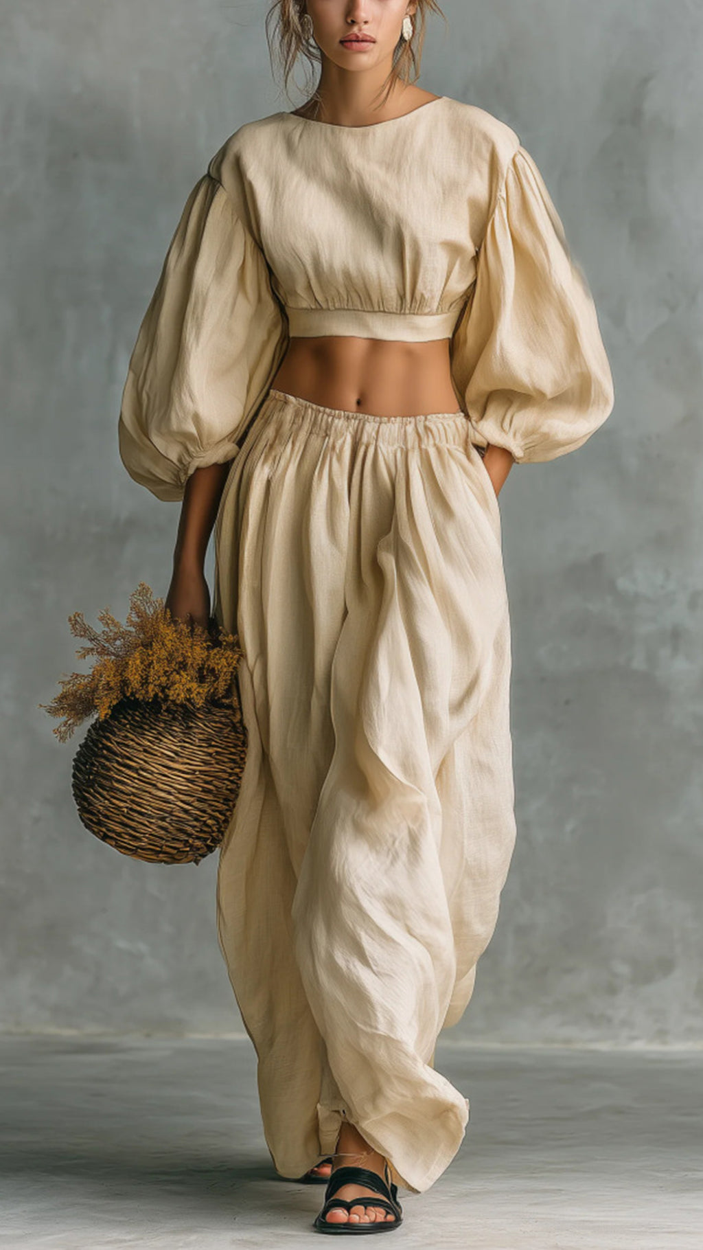 Women’s Puff-Sleeve, Waist-Cinching, Wide-Leg Two-Piece Set