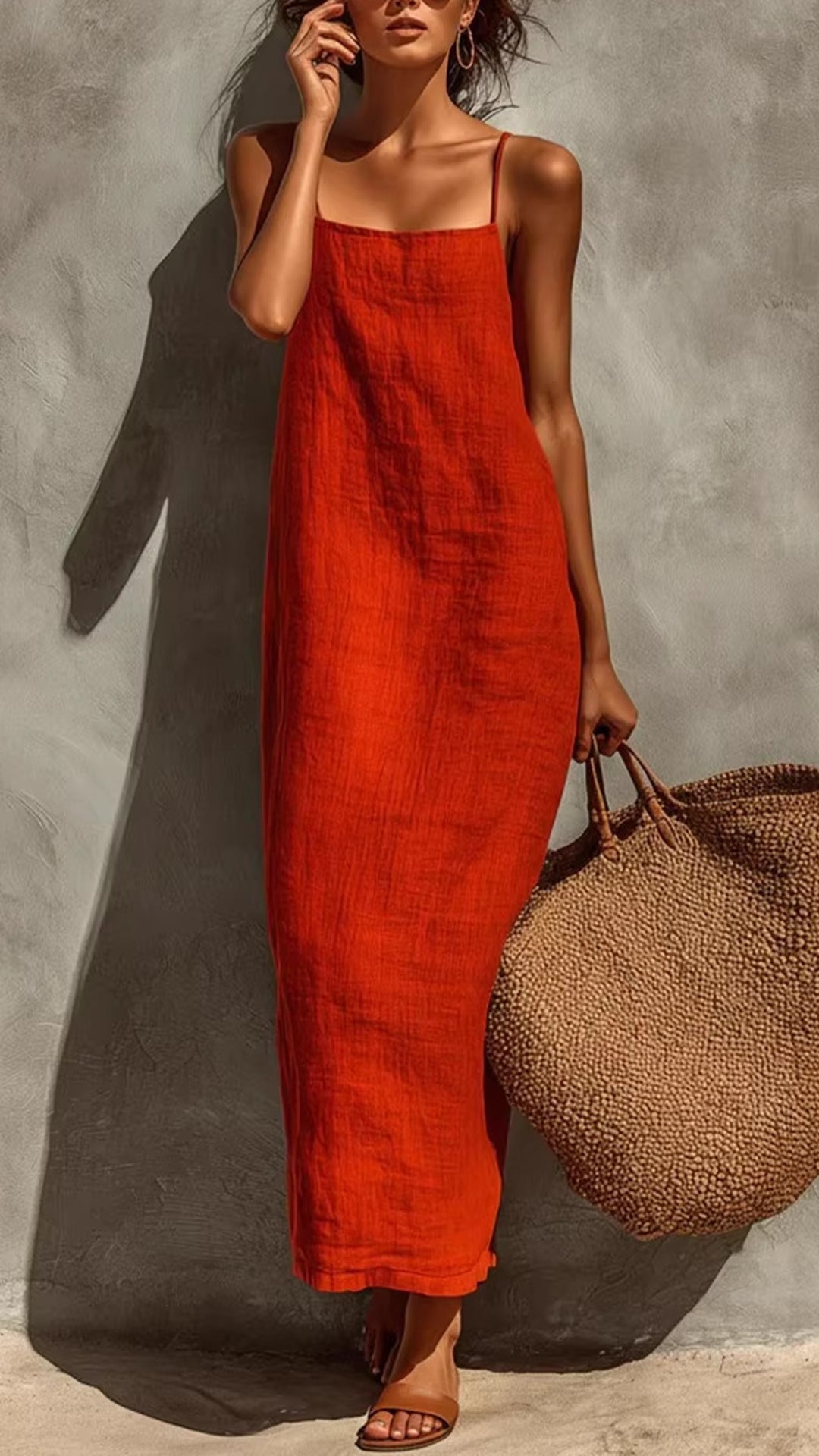 Women’s Square-Neck Straight-Cut Maxi Dress with Thin Straps
