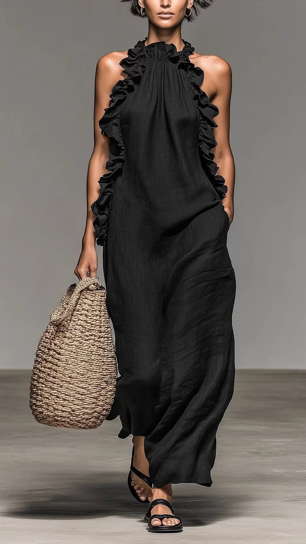 Women’s Halter-Neck Ruffled Sleeveless Maxi Dress