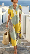 Women’s Color-Block Geometric Print V-Neck Short-Sleeve Long Polyester Dress