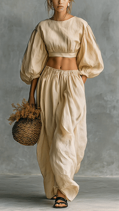 Women’s Puff-Sleeve, Waist-Cinching, Wide-Leg Two-Piece Set