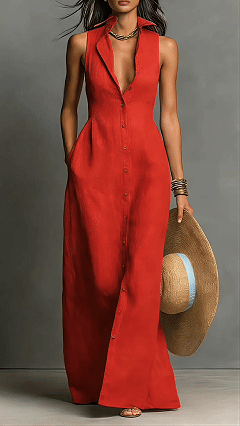 Women’s Sleeveless Collared Waist-Cinching Long Shirt Dress