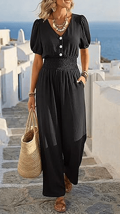 Women’s V-Neck Jumpsuit with Puff Sleeves, Cinched Waist, and Wide Legs