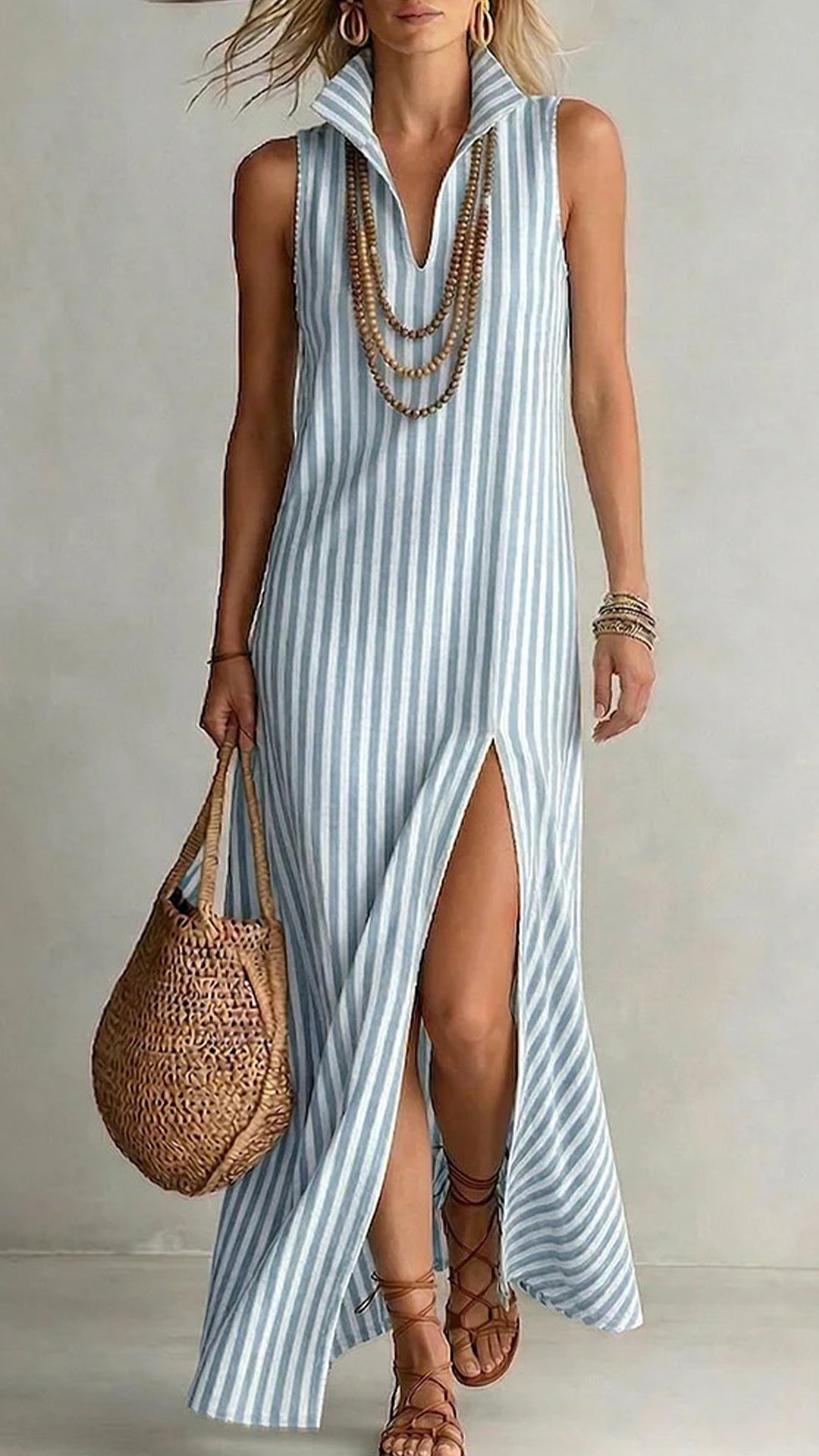 Women’s Striped Sleeveless Shirt Collar Dress