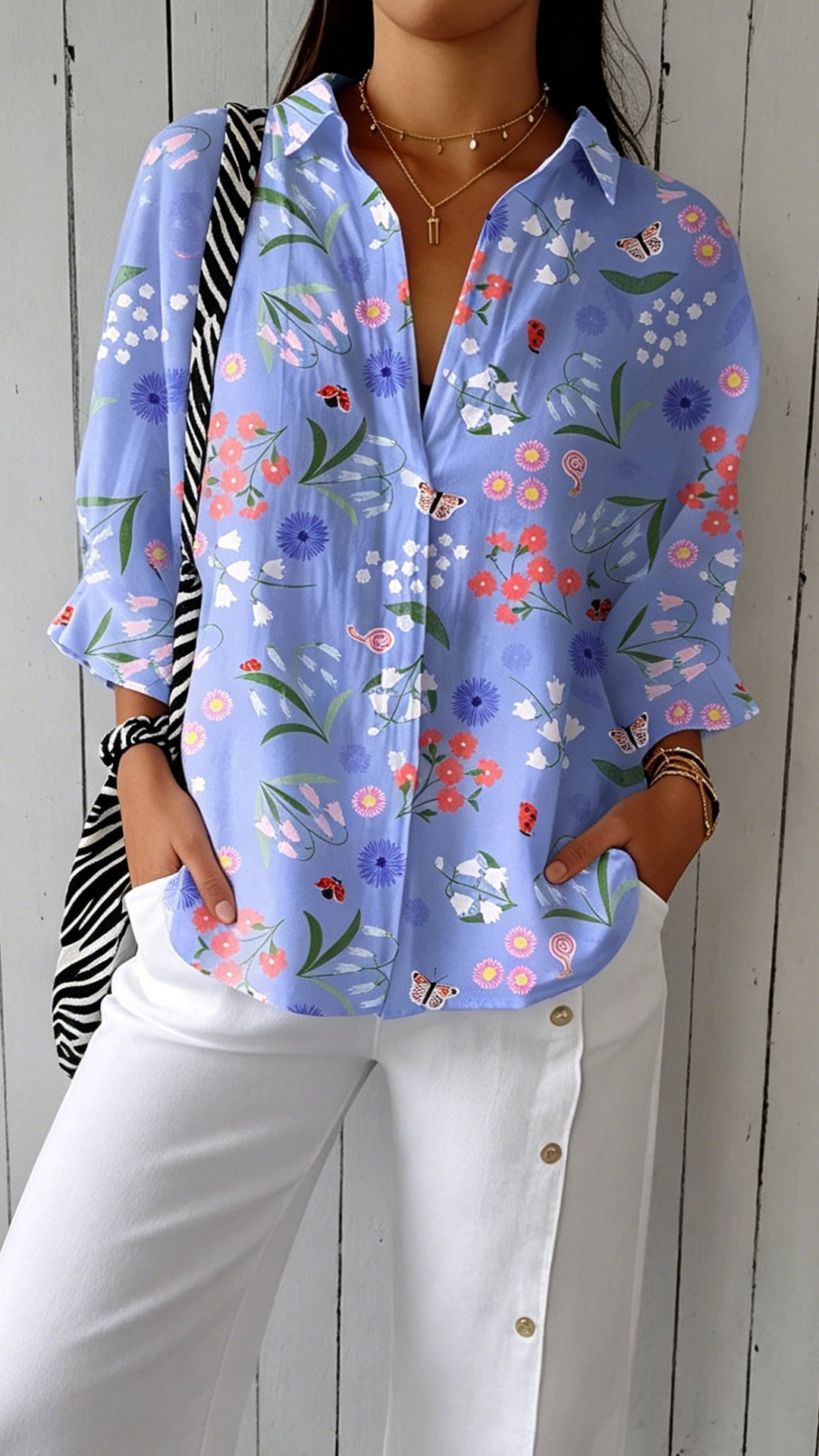 Women’s Blue Floral Print Polyester Shirt