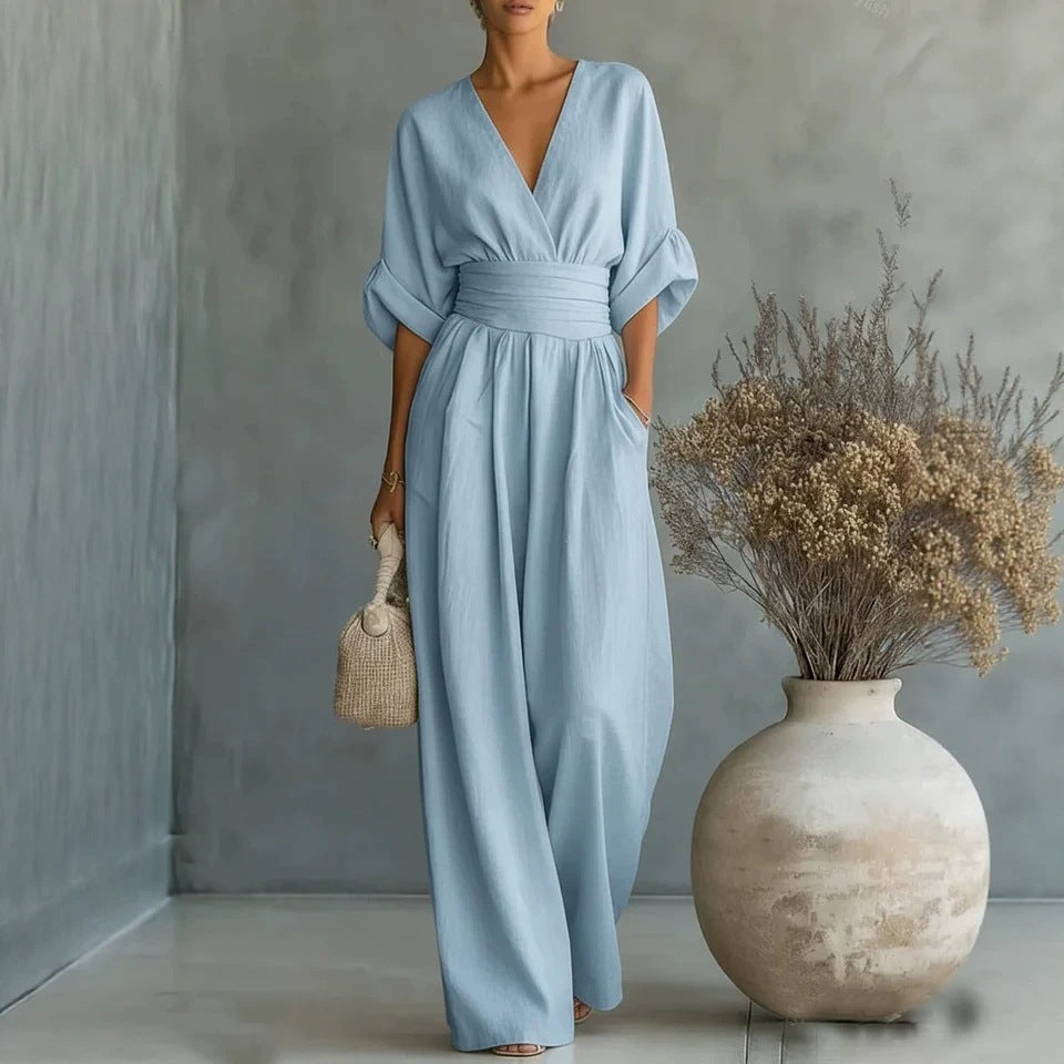 Women’s Solid-Color V-Neck Jumpsuit