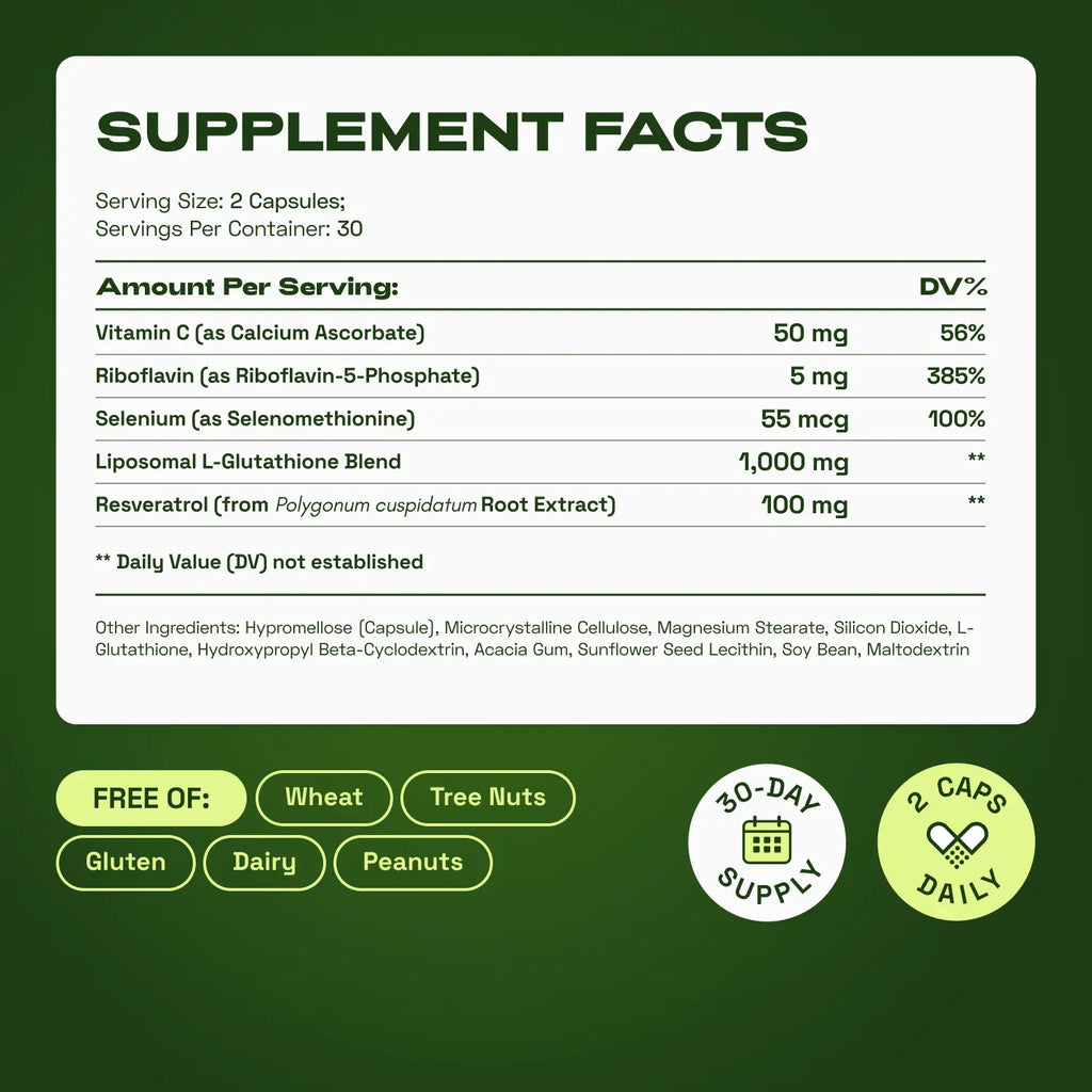 Liposomal Glutathione 1155mg | Vitamin C, Riboflavin, Selenium, Resveratrol | Antioxidant & Cellular Health | 60 Capsules