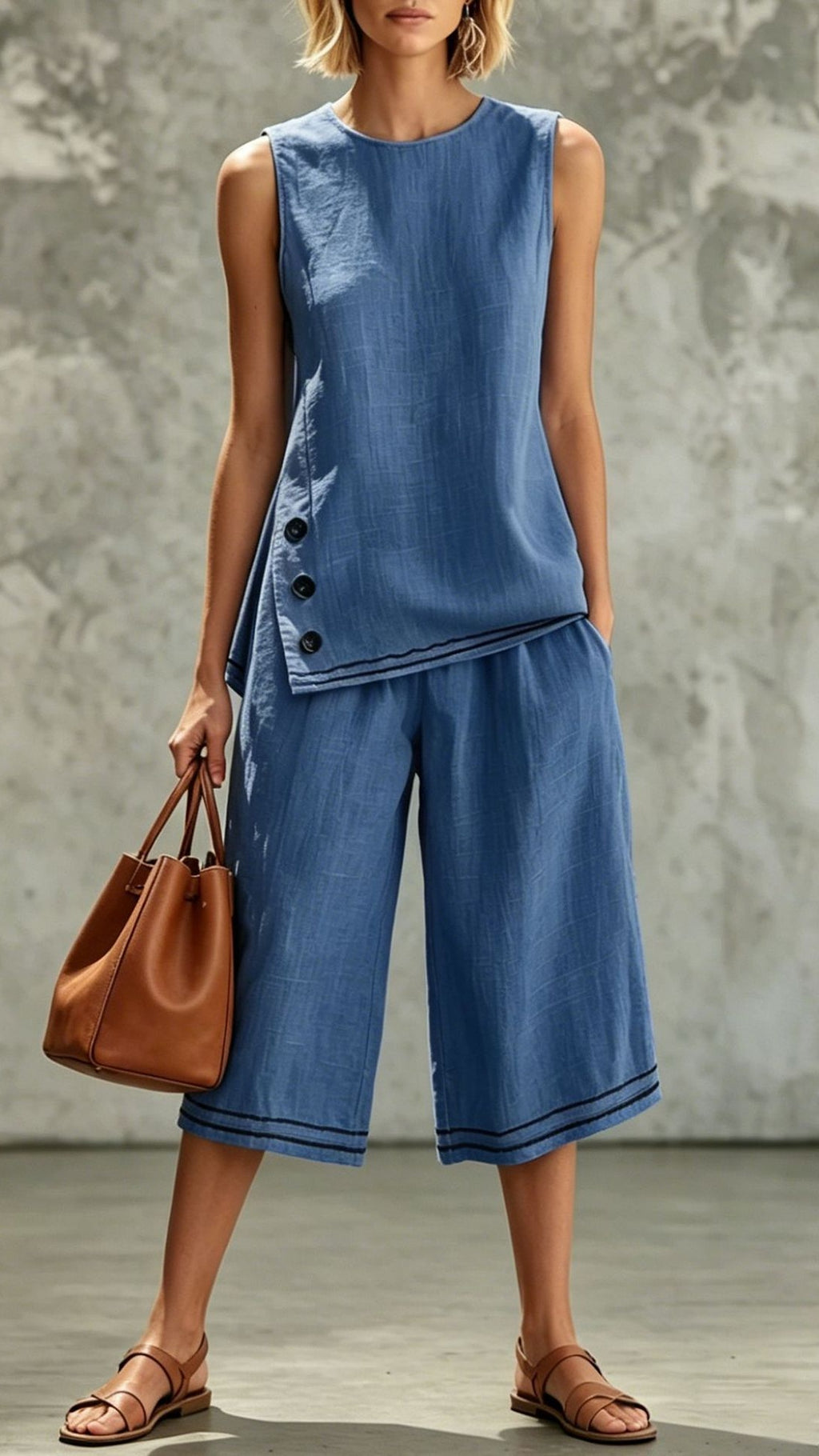 Women’s Sleeveless Side-Slit Vest & Wide-Leg Cropped Pants — Cotton-Linen Two-Piece Set