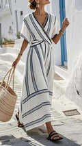 Women’s  White & Blue Striped Cotton-Blend Maxi Dress