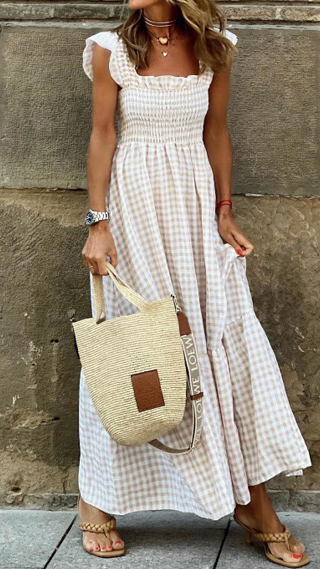 Women’s  Beige Gingham Linen-Blend Maxi Dress