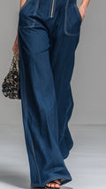 Women’s Faux-Denim Retro Stand-Collar Sleeveless Zip-Front Jumpsuit