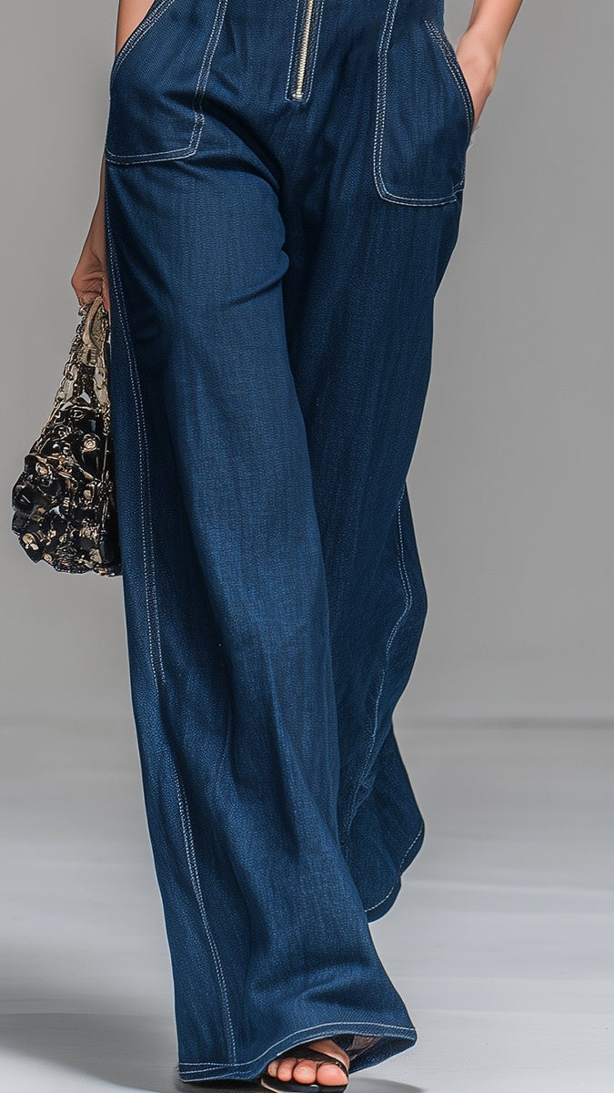 Women’s Faux-Denim Retro Stand-Collar Sleeveless Zip-Front Jumpsuit