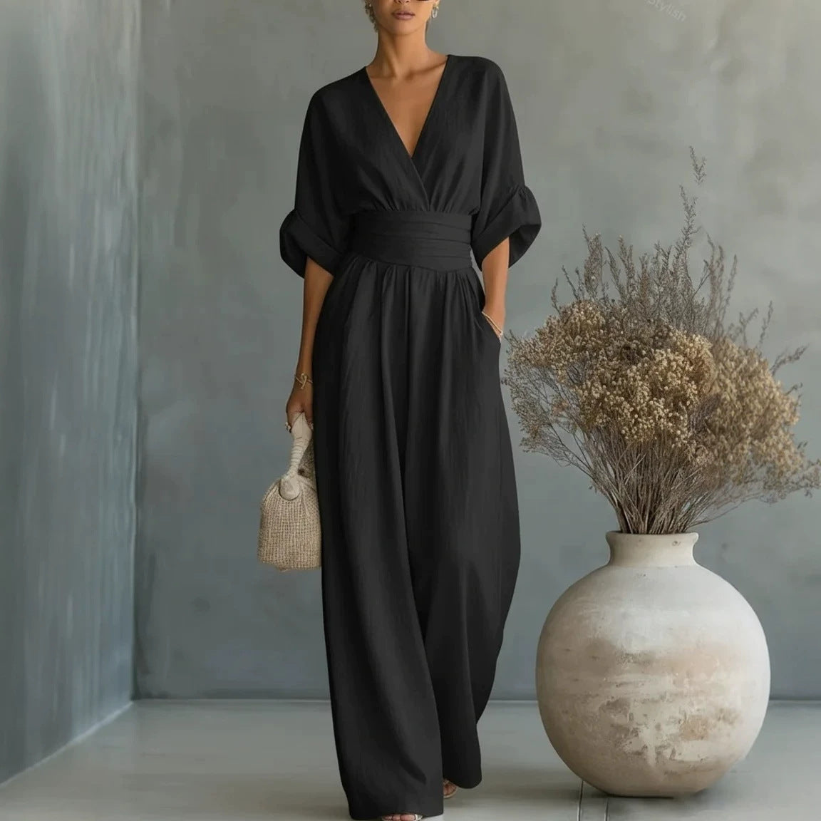 Women’s Solid-Color V-Neck Jumpsuit