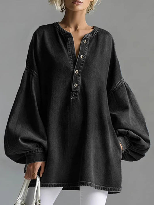 Long Sleeves Loose Buttoned Split-Joint Round-Neck Blouses&Shirts Tops