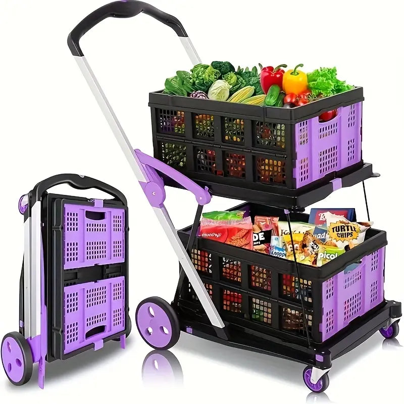Multi use Functional Collapsible Carts,Mobile Folding Trolley,with Wheels & Removable Basket Carries,2 baskets included,Adjustable Foldable rolling trolley for home,grocery,supermarket. Lightweight,Purple Trolley Storage Crate Portable Convenience cart