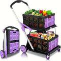 Multi use Functional Collapsible Carts,Mobile Folding Trolley,with Wheels & Removable Basket Carries,2 baskets included,Adjustable Foldable rolling trolley for home,grocery,supermarket. Lightweight,Purple Trolley Storage Crate Portable Convenience cart