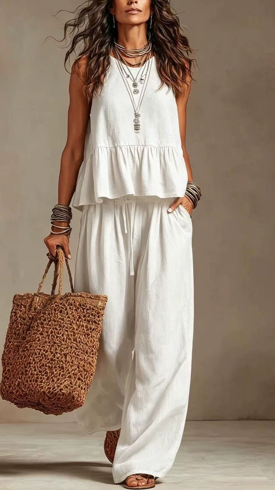 Women’s Cotton-Linen Two-Piece Set: Ruffled Sleeveless Top & Wide-Leg Pants