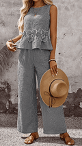 Women’s Sleeveless Gingham Peplum Top & Wide Leg Pants Polyester Set