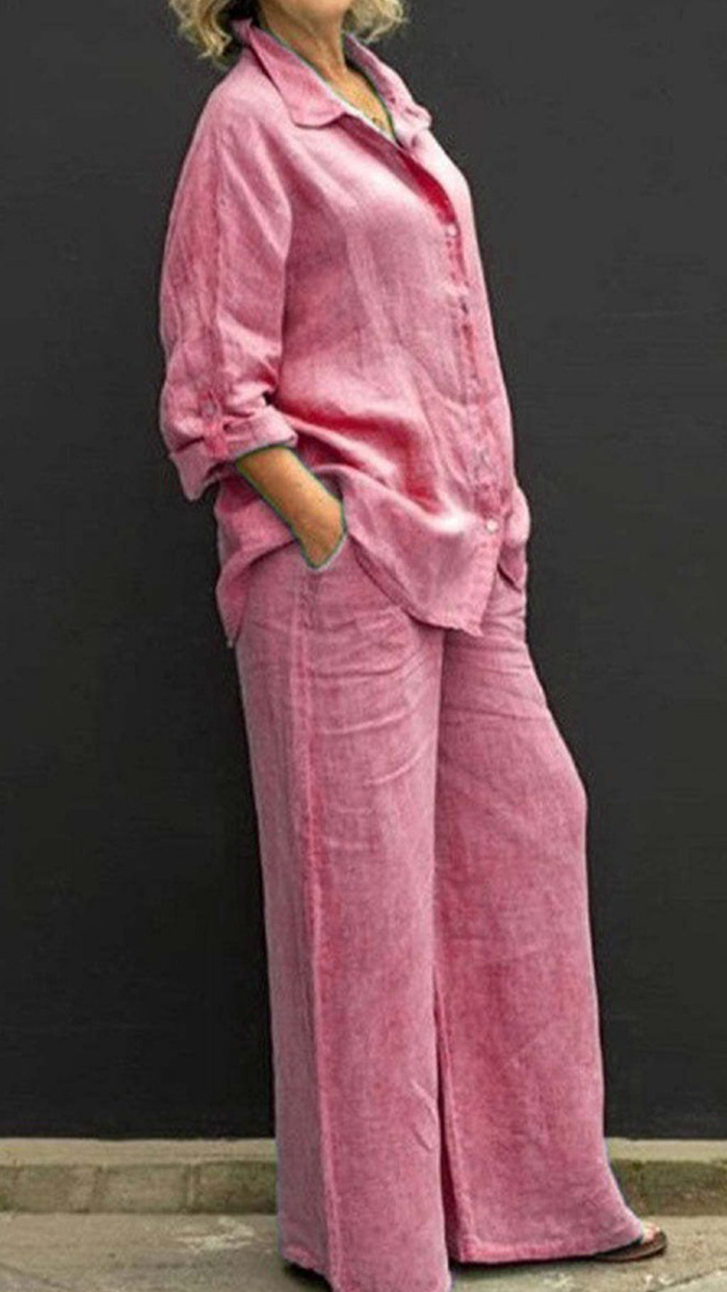 Women’s Linen Lapel Shirt & Wide-Leg Pants Two-Piece Set