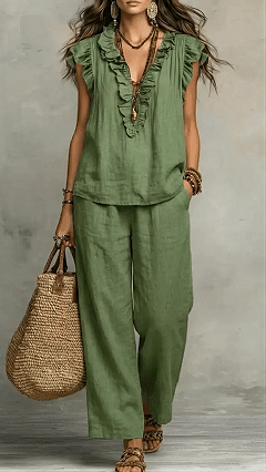 Women’s Cotton-Blend Ruffle V-Neck & Wide-Leg Pants Set
