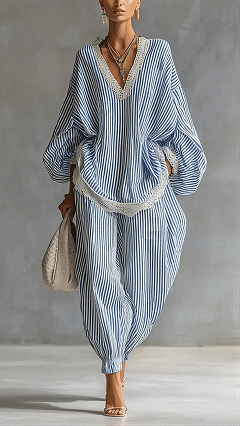 Women’s Cotton-Blend Lace Trim Striped Wide-Leg Pants Set