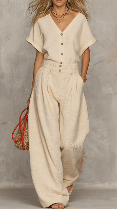 Women’s Cotton-Blend Textured V-Neck Top & Wide-Leg Pants Set