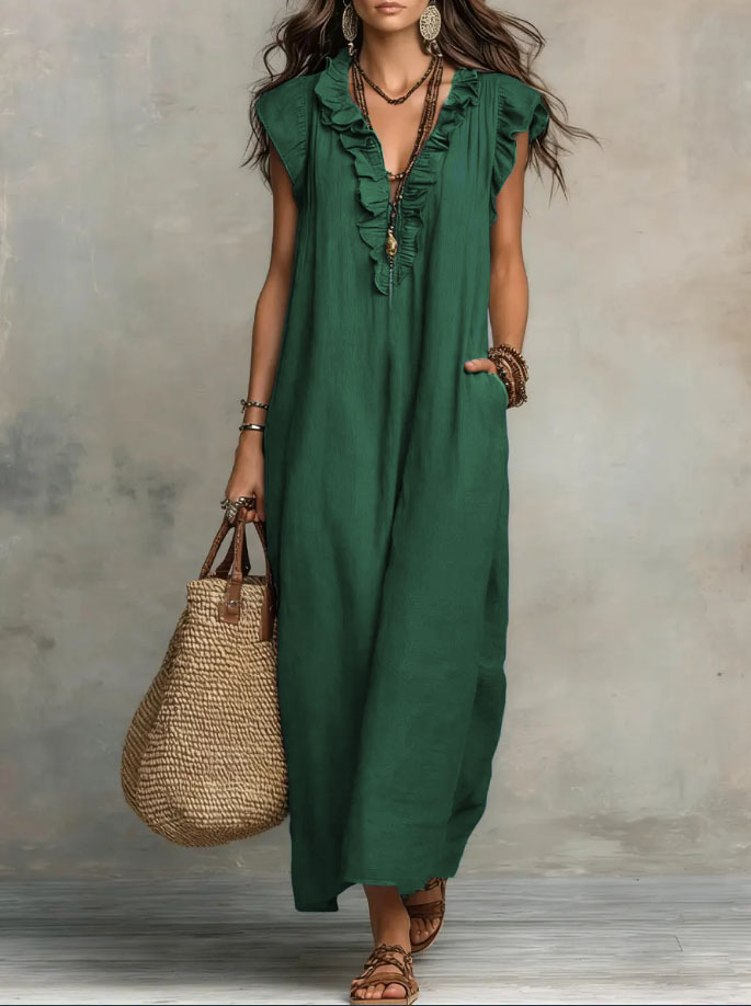 Women’s Solid Color Ruffled Art Casual Fashion Cozy Cotton Linen Dress