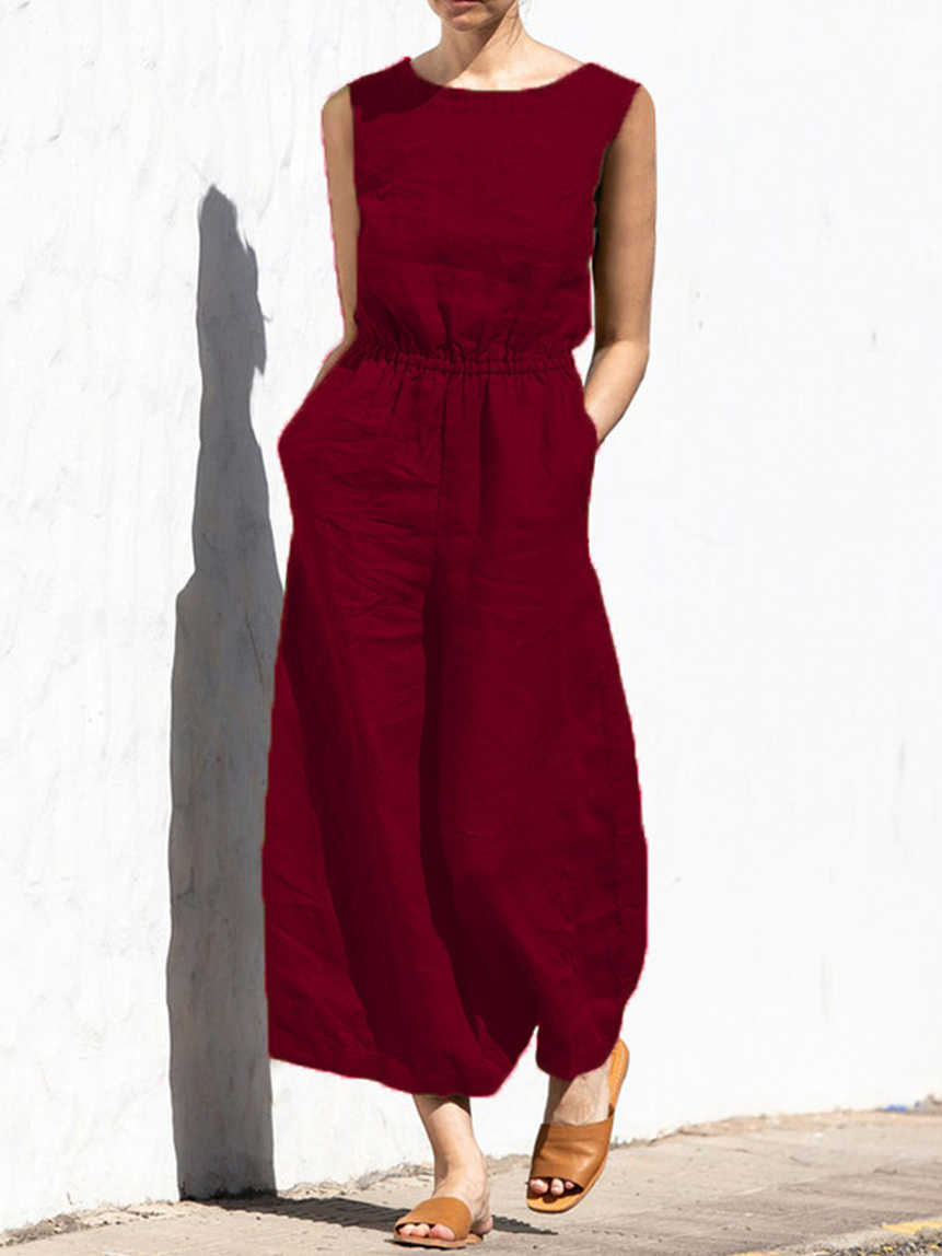 Women’s Solid Color Loose Elegant Casual Sleeveless Jumpsuit