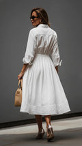 White Shirt-Collar Dress with Elastic Waist