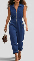 Fashionable And Casual Zippered Sleeveless Cotton Jumpsuit