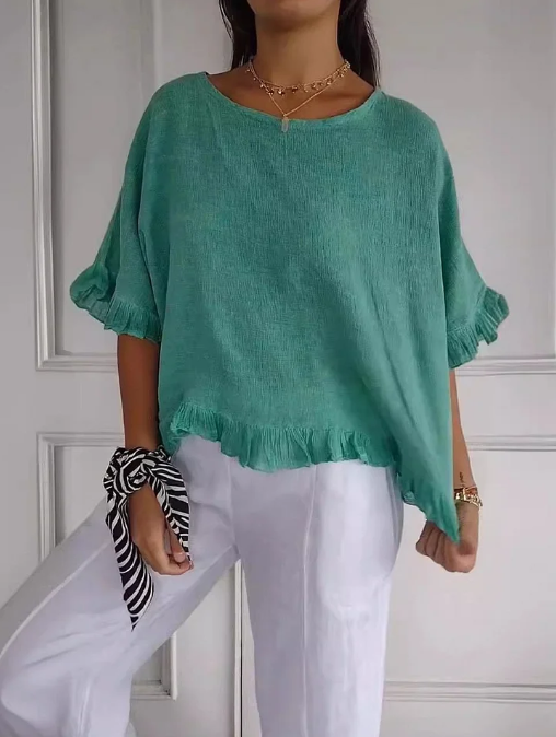 🔥Clearance Sale🔥 Women’s Round Neck Ruffled Cotton And Linen Top